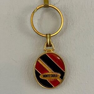 Vintage Monte Carlo Keychain Enamel Striped Gold Tone Metal Key Fob Ring